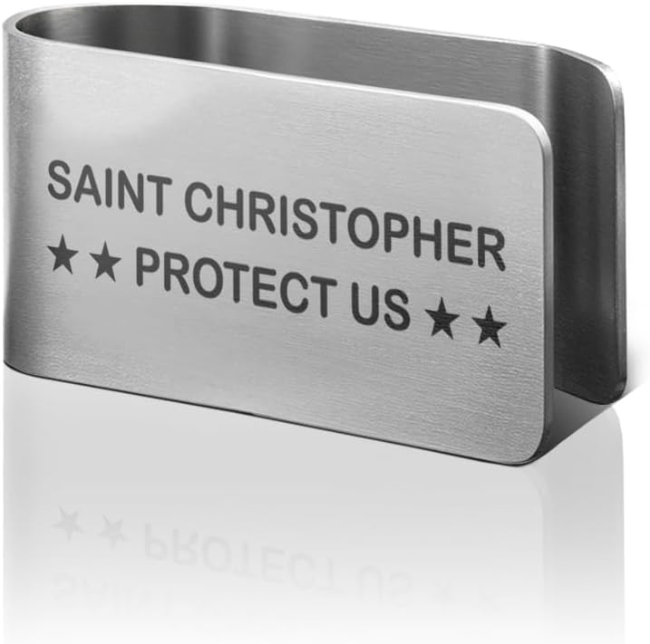 PUVOXHO Saint Christopher Protect Us Engraved Stainless Steel Car Visor Clip, St Christopher Accessories for Car, Driving Safety Prayer Religious Gifts for Family Friend Driver, New Driver Gifts - Image 1